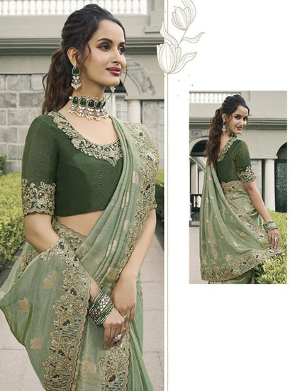 Tailored Green Pure Tissue Silk Fabric With Embroidery Bridal Heritage Saree