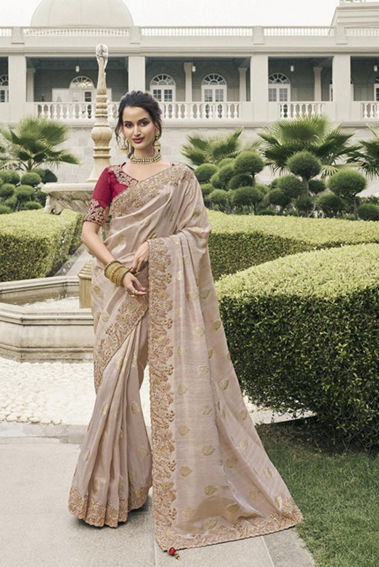 Polished Mauve And Burgundy Pure Tissue Silk Fabric With Embroidery Bridal Heritage Saree