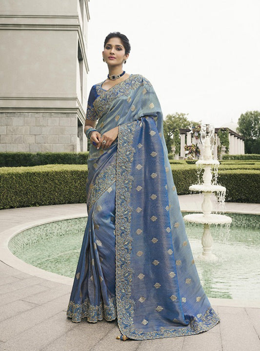 Opulent Royal Blue Pure Tissue Silk Fabric With Embroidery Bridal Heritage Saree