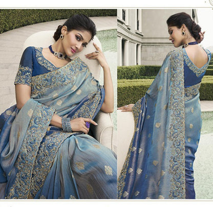 Opulent Royal Blue Pure Tissue Silk Fabric With Embroidery Bridal Heritage Saree