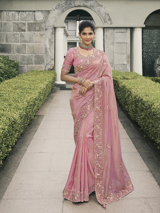 Graceful Baby Pink Pure Tissue Silk Fabric With Embroidery Bridal Heritage Saree
