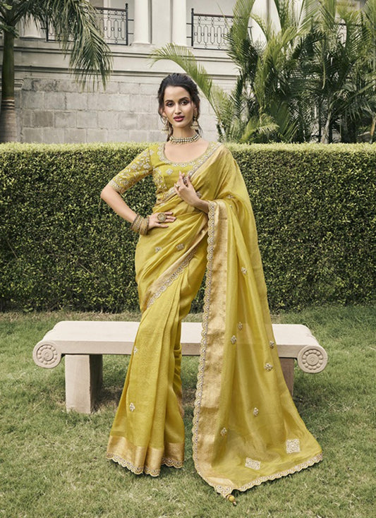 Trendy Gold Pure Tissue Silk Fabric With Embroidery Bridal Heritage Saree