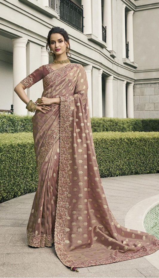 Dazzling Mauve Pure Tissue Silk Fabric With Embroidery Bridal Heritage Saree