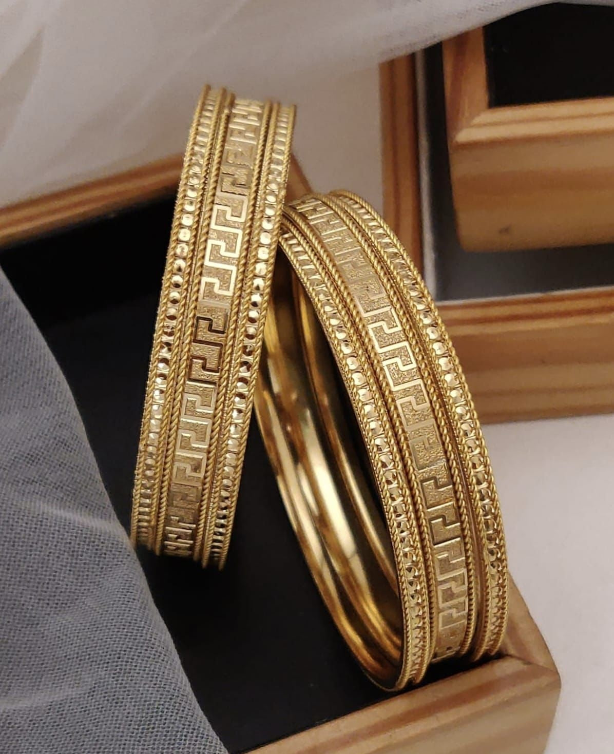Alloy Gold Plated Bangles Featuring A Classic Greek Key Pattern Featuring