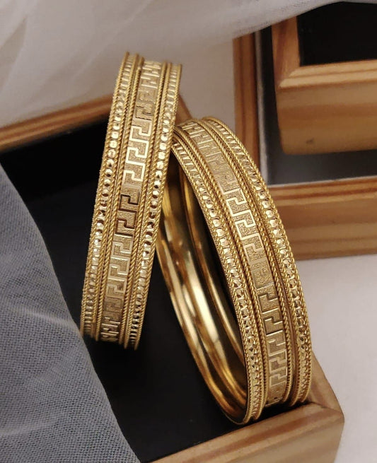 Alloy Gold Plated Bangles Featuring A Classic Greek Key Pattern Featuring