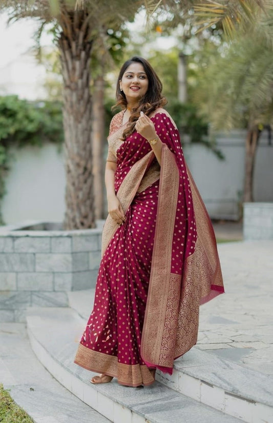 Women Burgundy Silk Golden Zari Work Saree