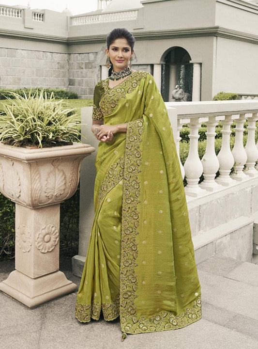 Flawless Pista Green Pure Tissue Silk Fabric With Embroidery Bridal Heritage Saree