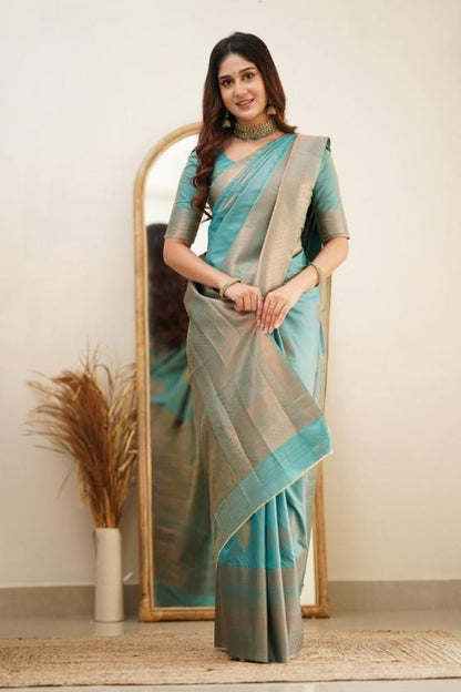 Women Sky Blue Banarasi Soft Silk Saree
