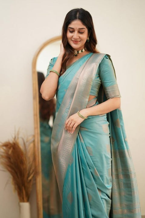 Women Sky Blue Banarasi Soft Silk Saree