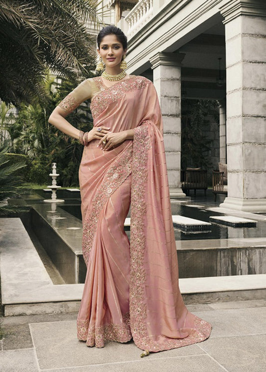 Glamorous Light Pink Pure Tissue Silk Fabric With Embroidery Bridal Heritage Saree