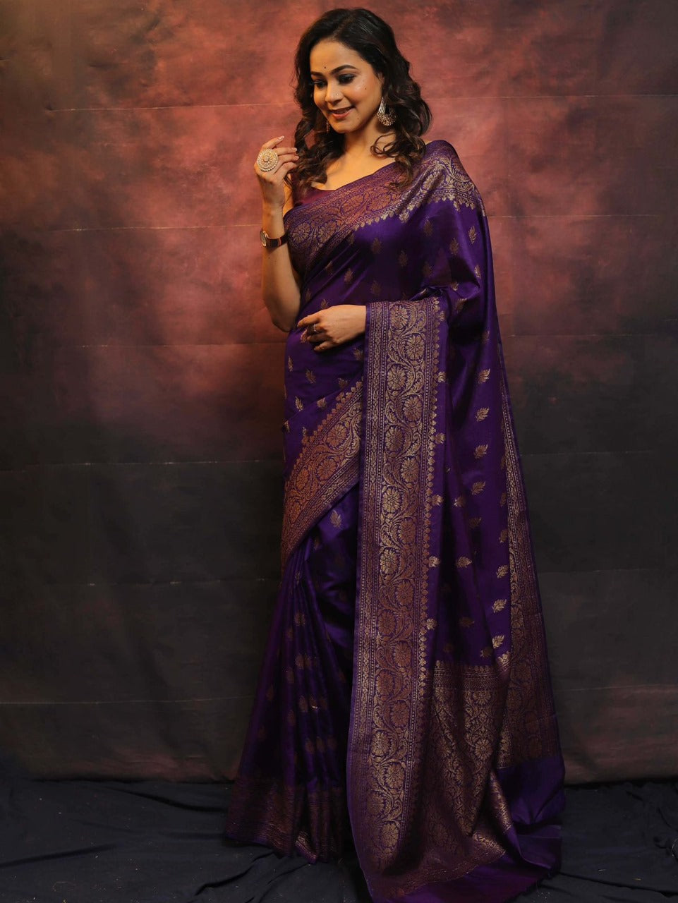 Women Dark Purple Banarasi Soft Silk Saree