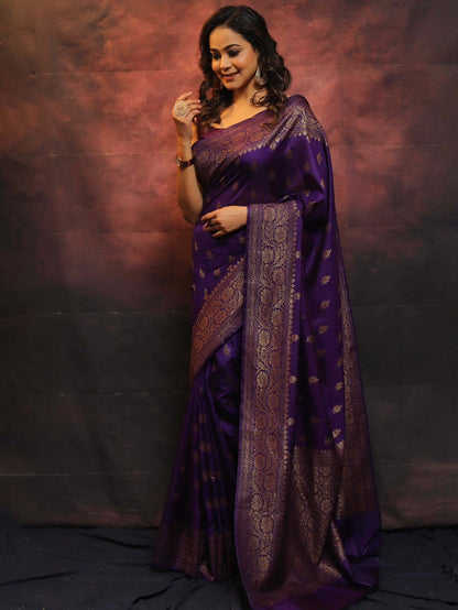 Women Dark Purple Banarasi Soft Silk Saree