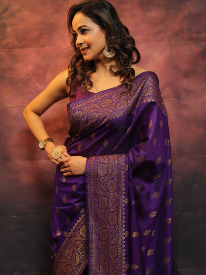Women Dark Purple Banarasi Soft Silk Saree