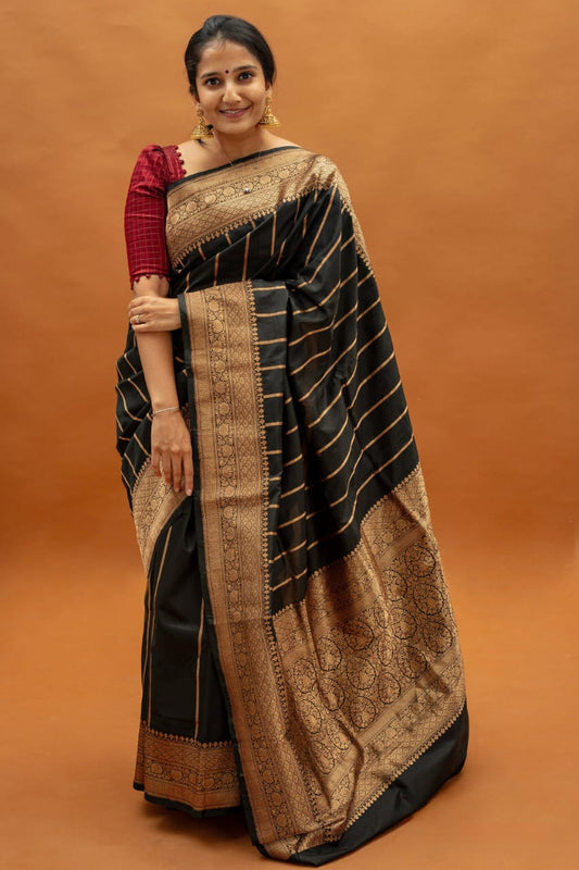Women Black Silk Golden Zari Weaving Saree