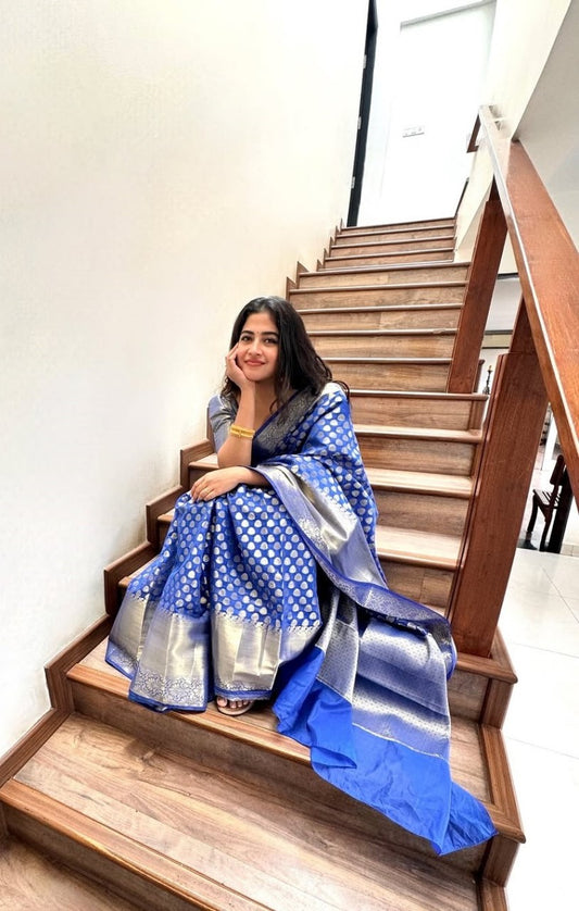 Women Royal Blue Silk Banarasi Saree