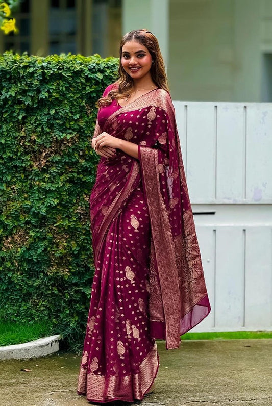 Women Burgundy Silk Zari Work Saree