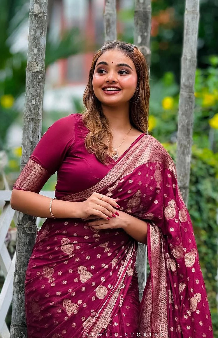 Women Burgundy Silk Zari Work Saree