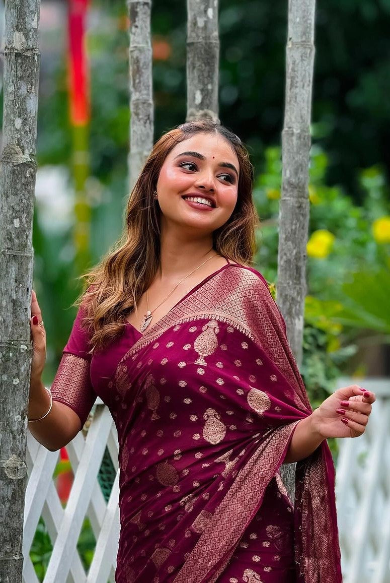 Women Burgundy Silk Zari Work Saree