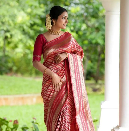Women Red And Golden Silk Saree