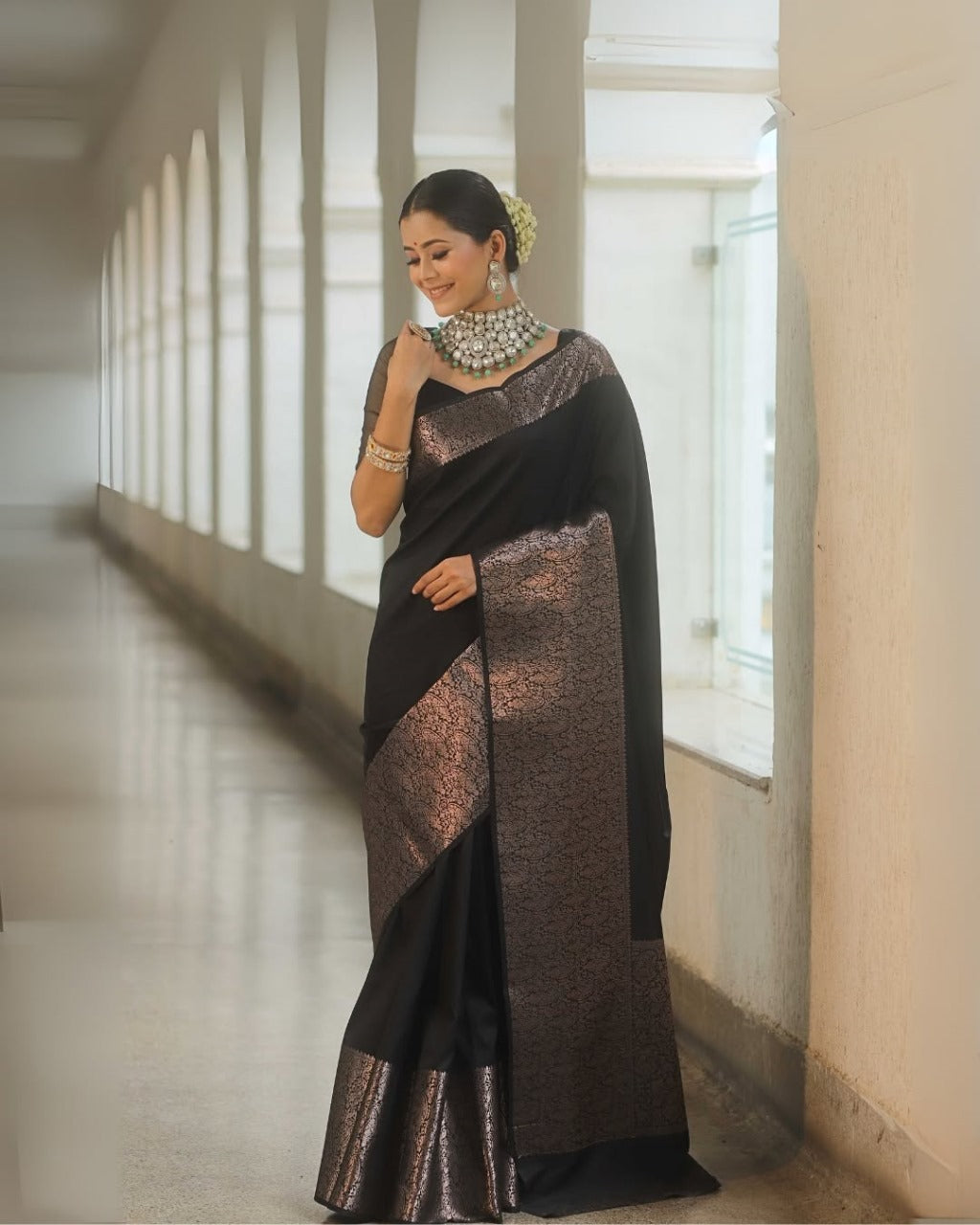 Women Black Banarasi Soft Silk Saree