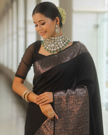 Women Black Banarasi Soft Silk Saree