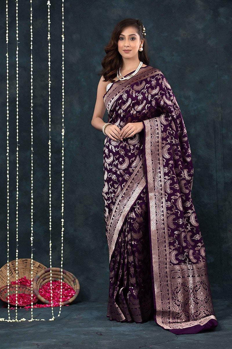 Women Purple Banarasi Soft Silk Saree
