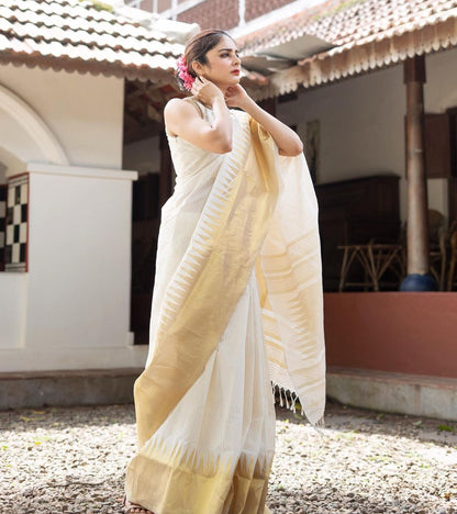 Women White And Gold Silk Saree
