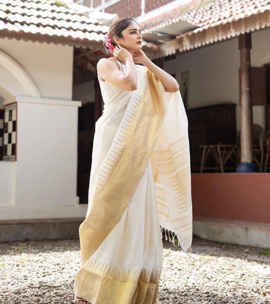 Women White And Gold Silk Saree