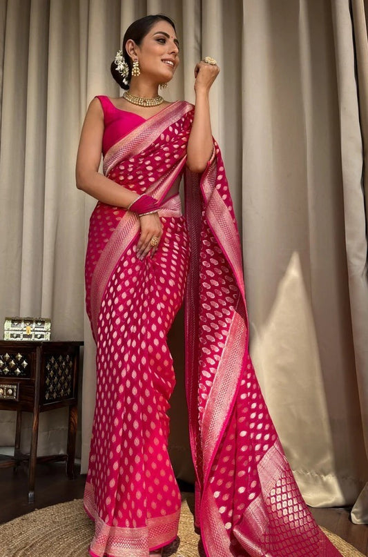 Women Pink Silk Banarasi  Saree