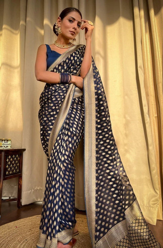 Women Navy Blue Silk Banarasi  Saree