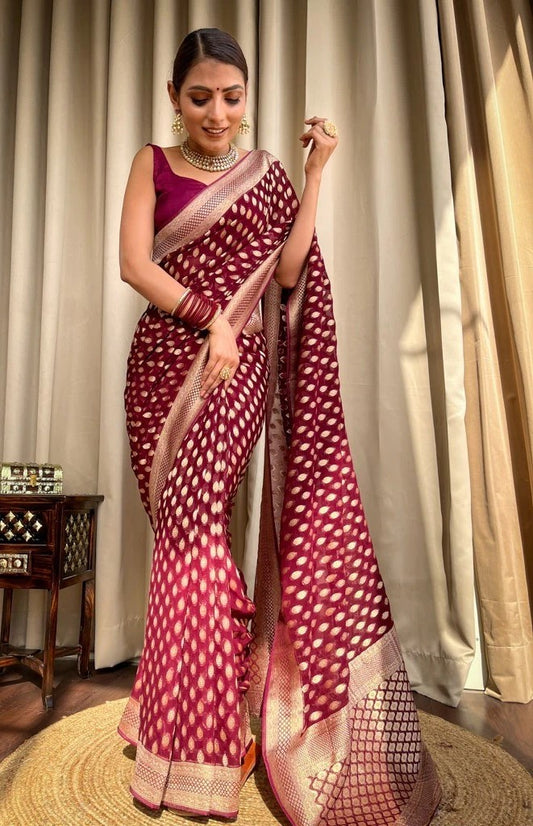 Women Burgundy Silk Banarasi  Saree