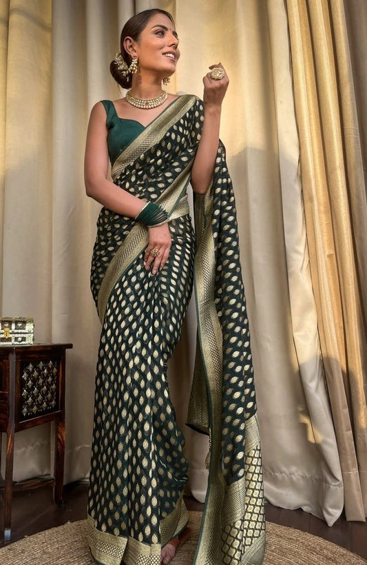 Women Dark Green Silk Banarasi  Saree