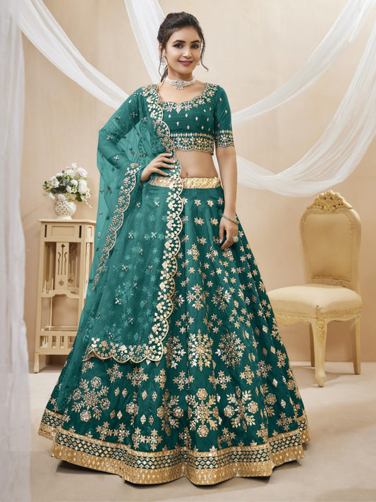 Sleek Rama Green Art Silk Reception Lehenga