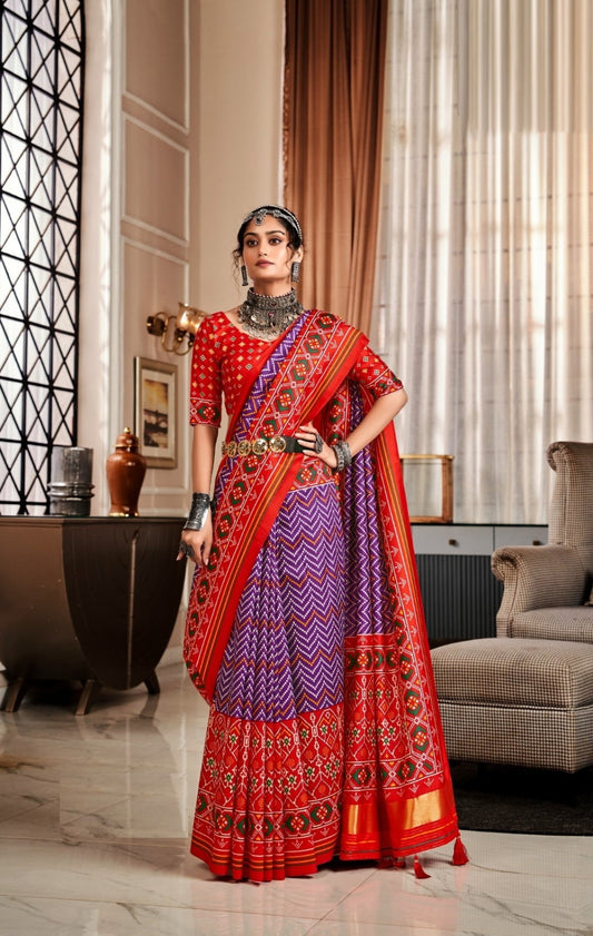 Women Red And Purple Tusser Patola Silk Saree