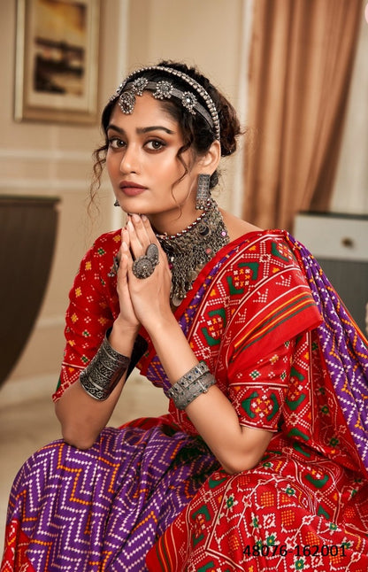 Women Red And Purple Tusser Patola Silk Saree