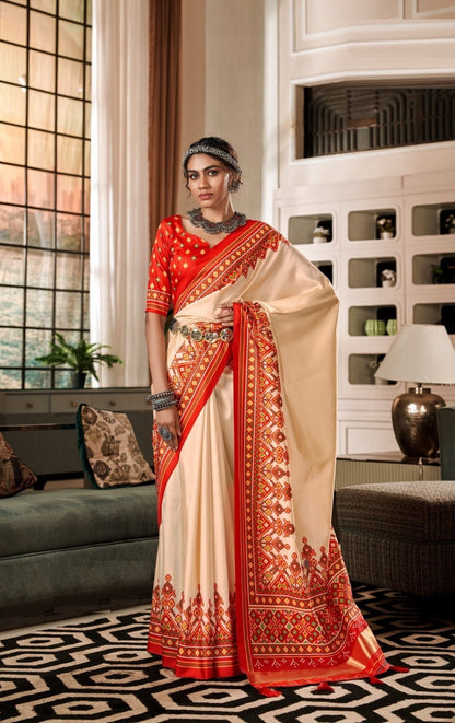 Women Peach And Red Tusser Patola Silk Saree