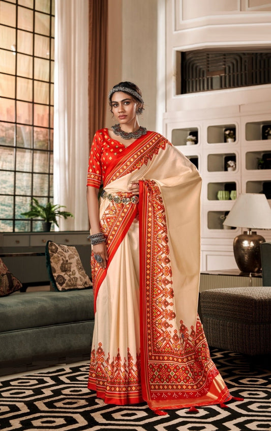 Women Peach And Red Tusser Patola Silk Saree