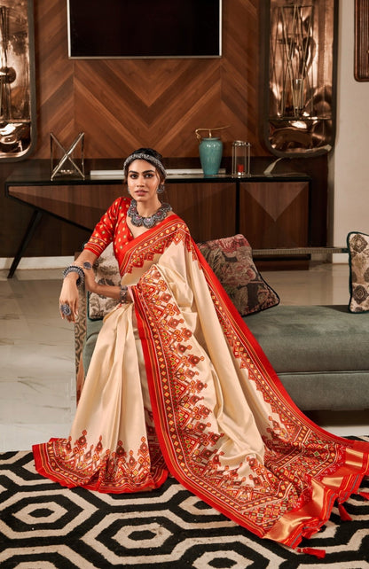 Women Peach And Red Tusser Patola Silk Saree