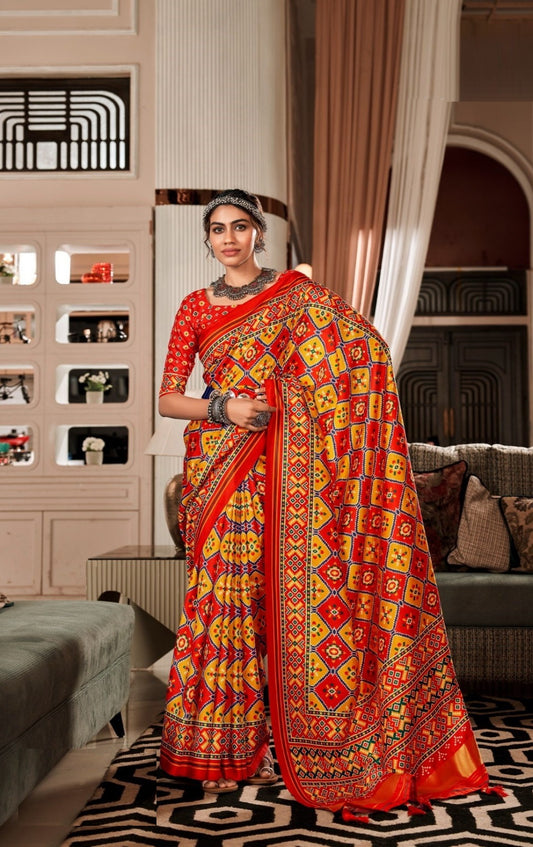 Women Multi Red Tusser Patola Silk Saree