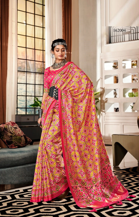 Women Multi Pink Tusser Patola Silk Saree