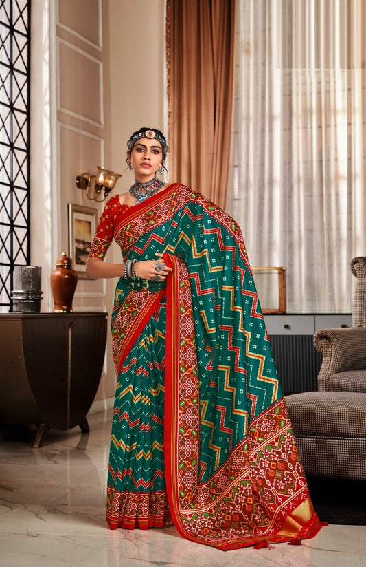 Women Rama Green And Red Tusser Patola Silk Saree