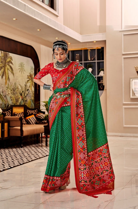 Women Green And Red Tusser Patola Silk Saree