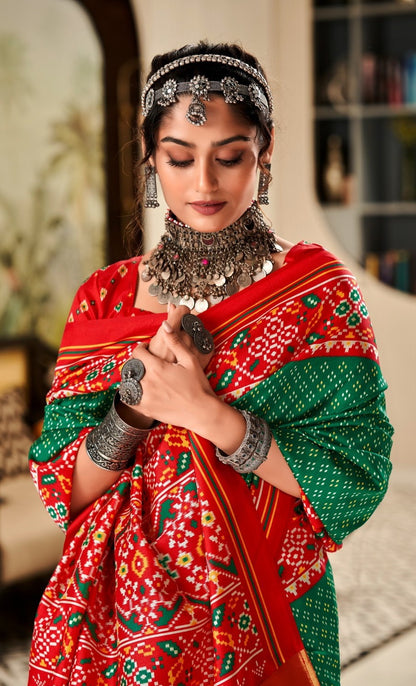 Women Green And Red Tusser Patola Silk Saree