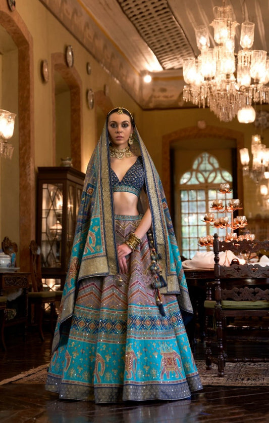 Alluring Blue Rajwadi Silk Bridal Lehenga With Mirror Work