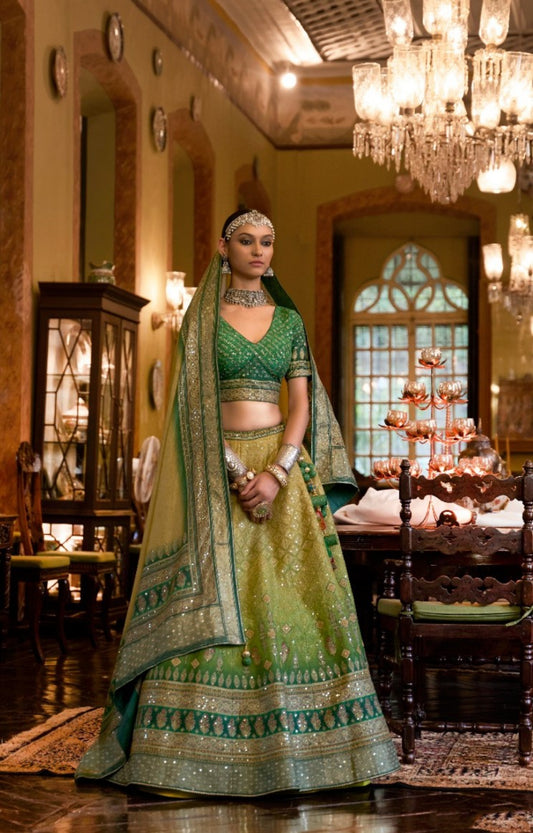 Vibrant Green Rajwadi Silk Bridal Lehenga With Mirror Work