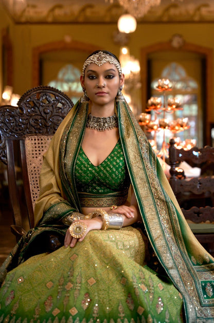 Vibrant Green Rajwadi Silk Bridal Lehenga With Mirror Work