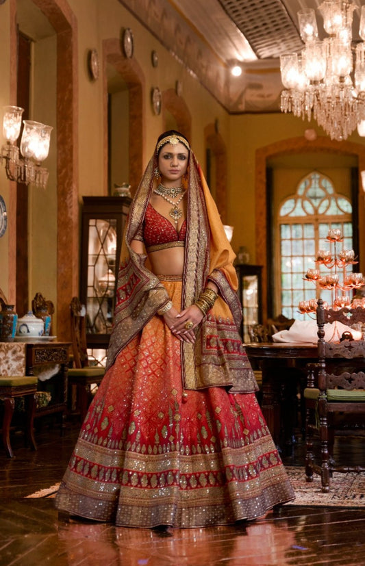 Sleek Orange Rajwadi Silk Bridal Lehenga With Mirror Work