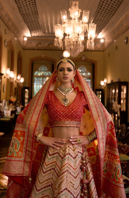 Sleek Orange Rajwadi Silk Bridal Lehenga With Mirror Work