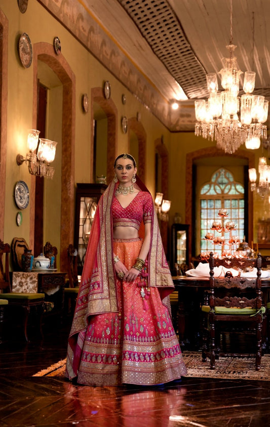 Stylish Pink Rajwadi Silk Bridal Lehenga With Mirror Work