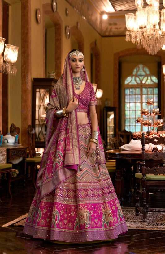 Glamorous Pink Rajwadi Silk Bridal Lehenga With Mirror Work